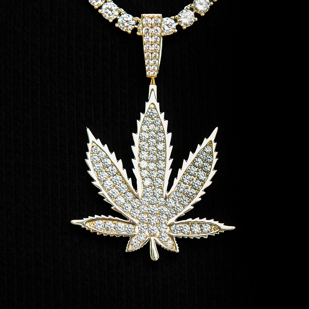 Large Diamond Weed Leaf Pendant - Yellow Gold