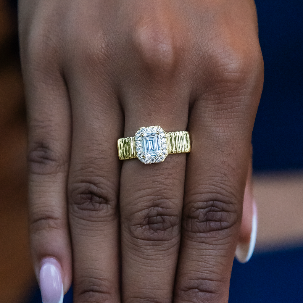 Emerald Cut Diamond Textured Ring in Yellow Gold Vermeil