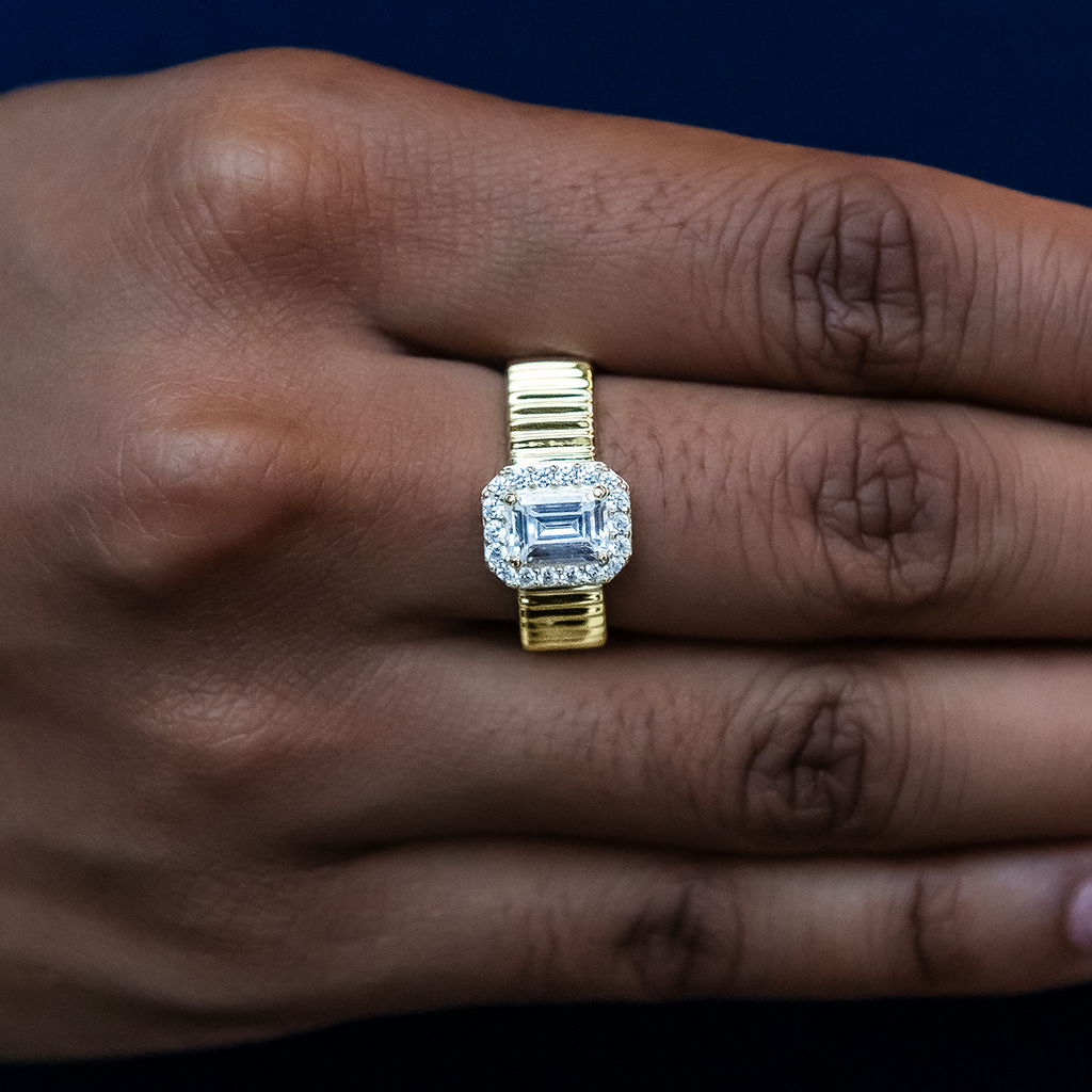Emerald Cut Diamond Textured Ring in Yellow Gold Vermeil