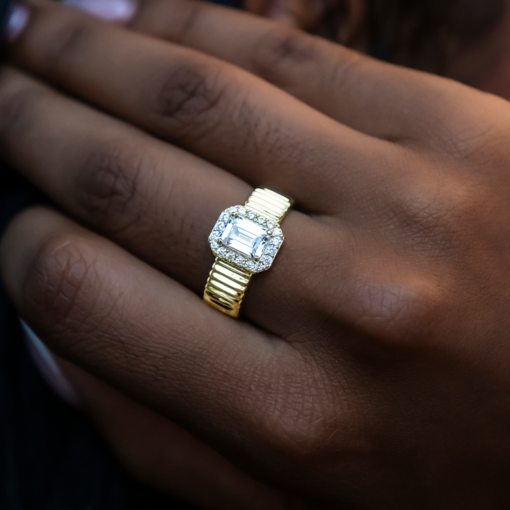 Emerald Cut Diamond Textured Ring in Yellow Gold Vermeil