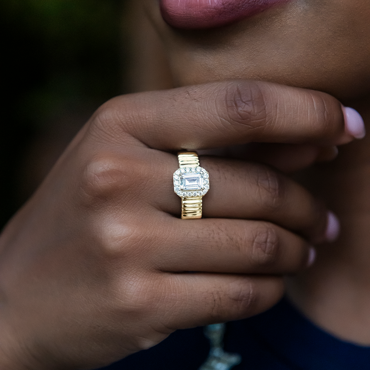 Emerald Cut Diamond Textured Ring in Yellow Gold Vermeil