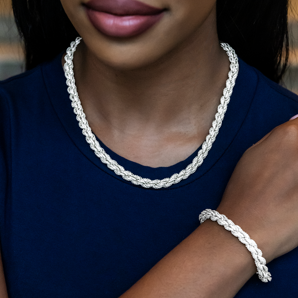 Diamond Rope Necklace + Bracelet Bundle in White Gold- 7mm