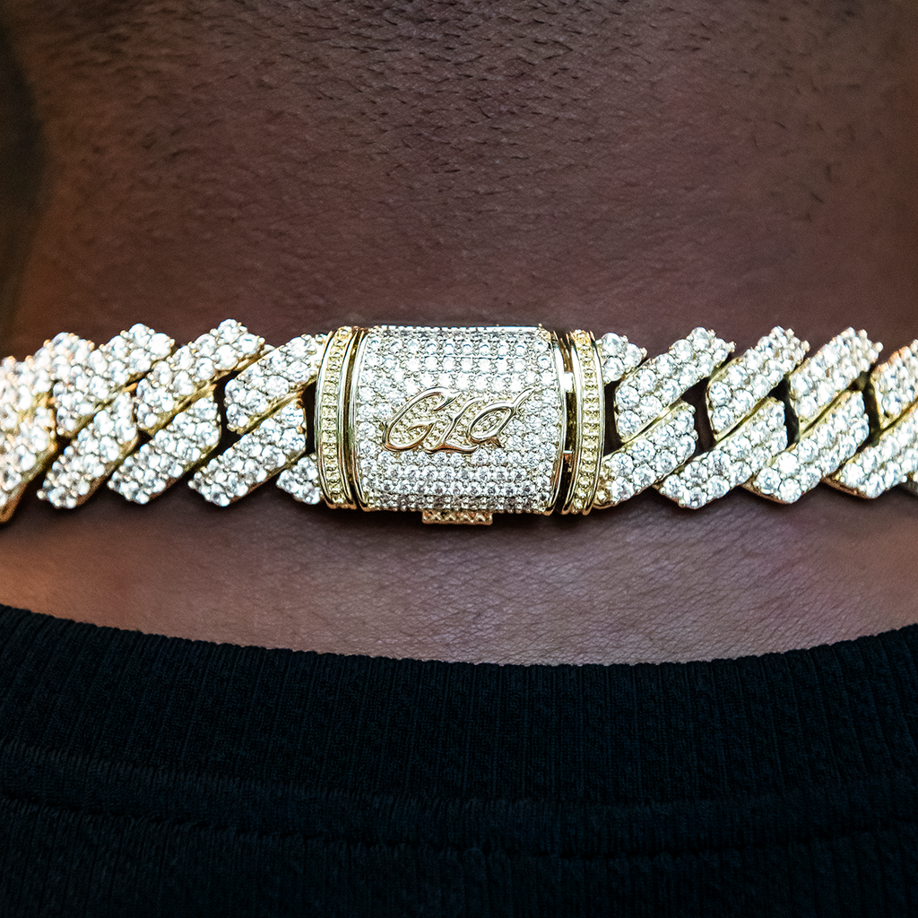 Men's Moissanite Diamond Prong Cuban Chain in Yellow Gold Vermeil - 19mm