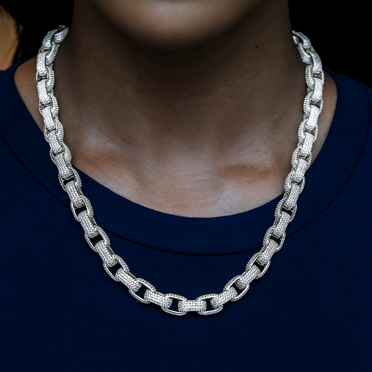 Diamond Box Link Necklace in White Gold- 9mm