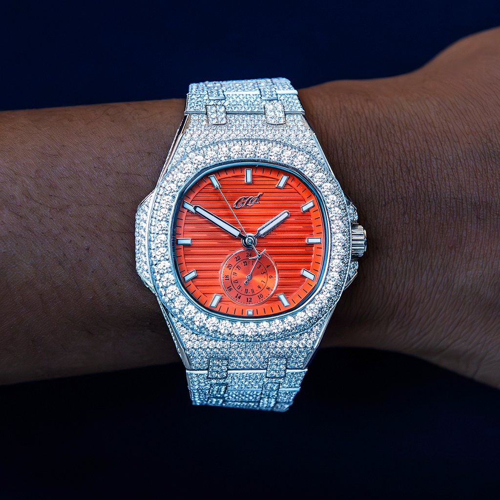 39MM Visionary Fully Iced Case & Orange Dial Watch - White Gold