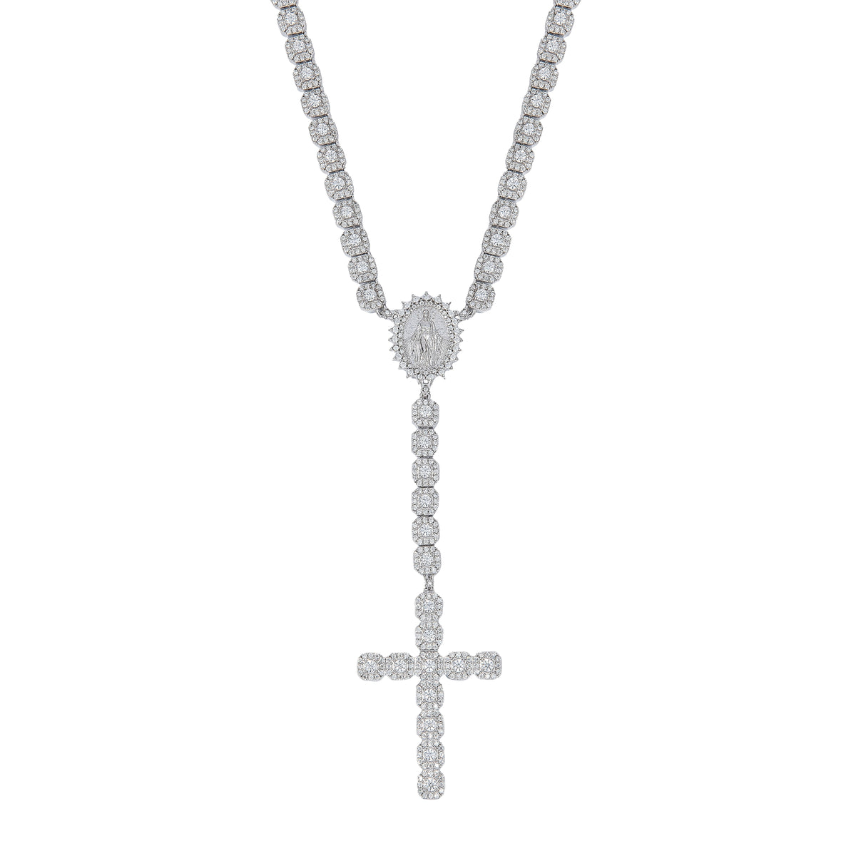 Women's Moissanite Micro Clustered Rosary Chain Necklace in White Gold Vermeil