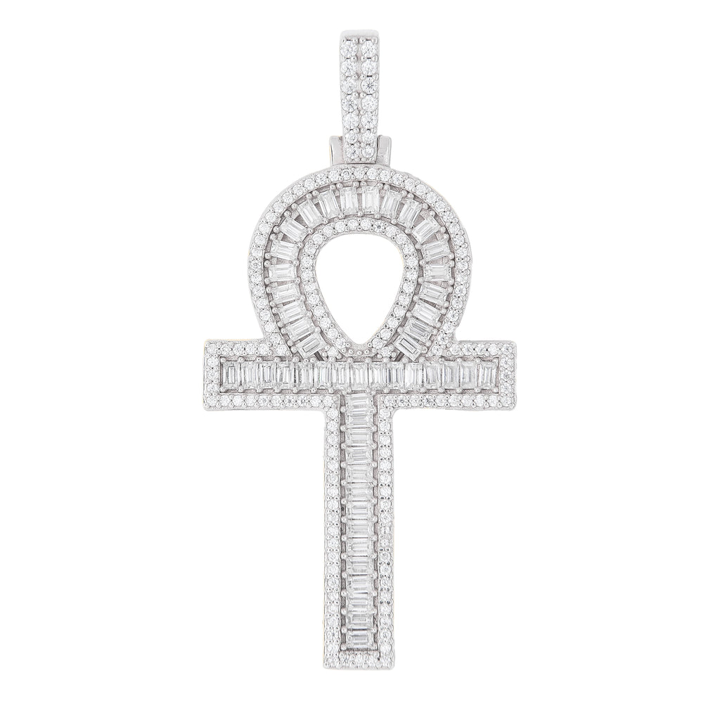 Women's Moissanite Ankh Cross Pendant in White Gold Vermeil