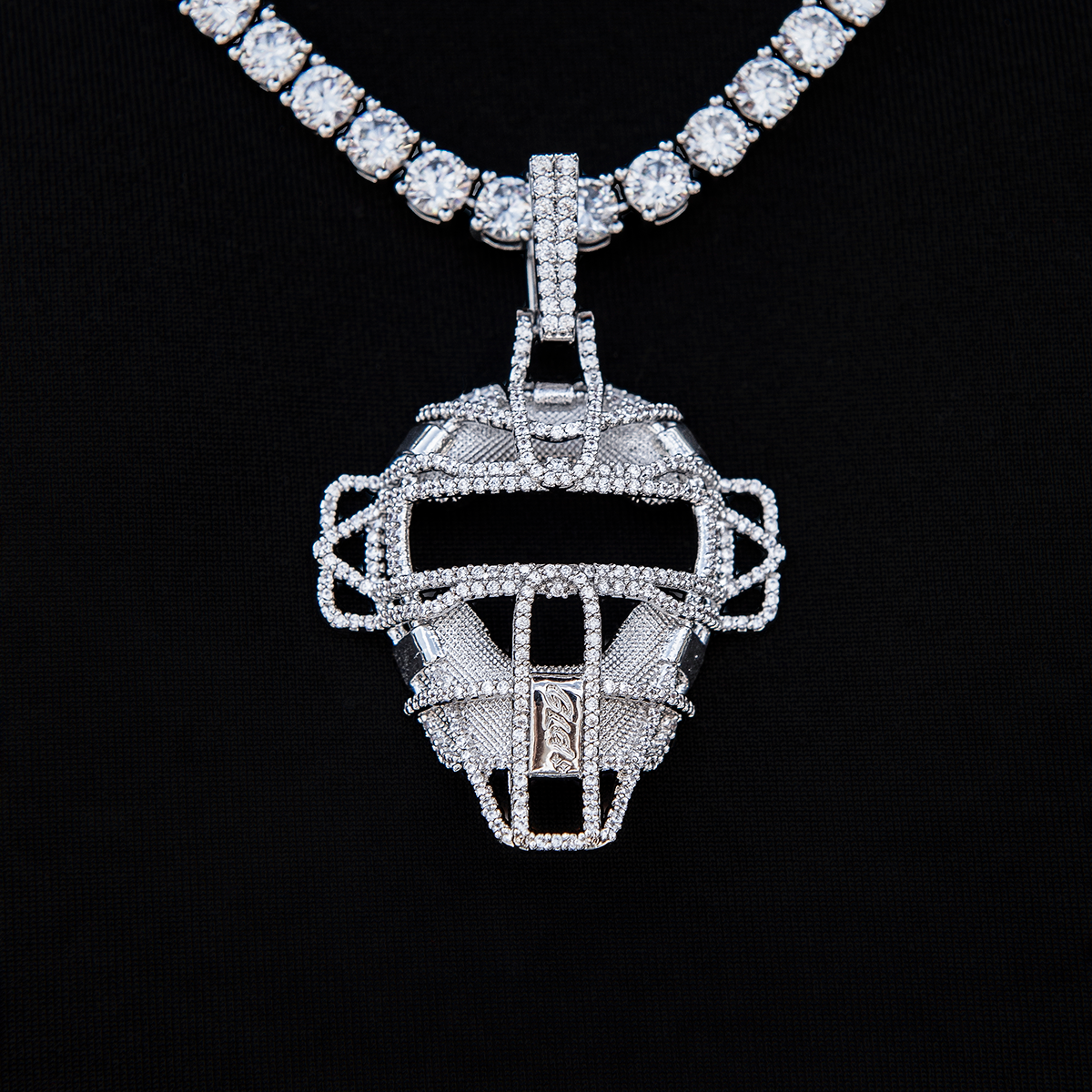 Iced Catchers Mask Baseball Pendant in White Gold