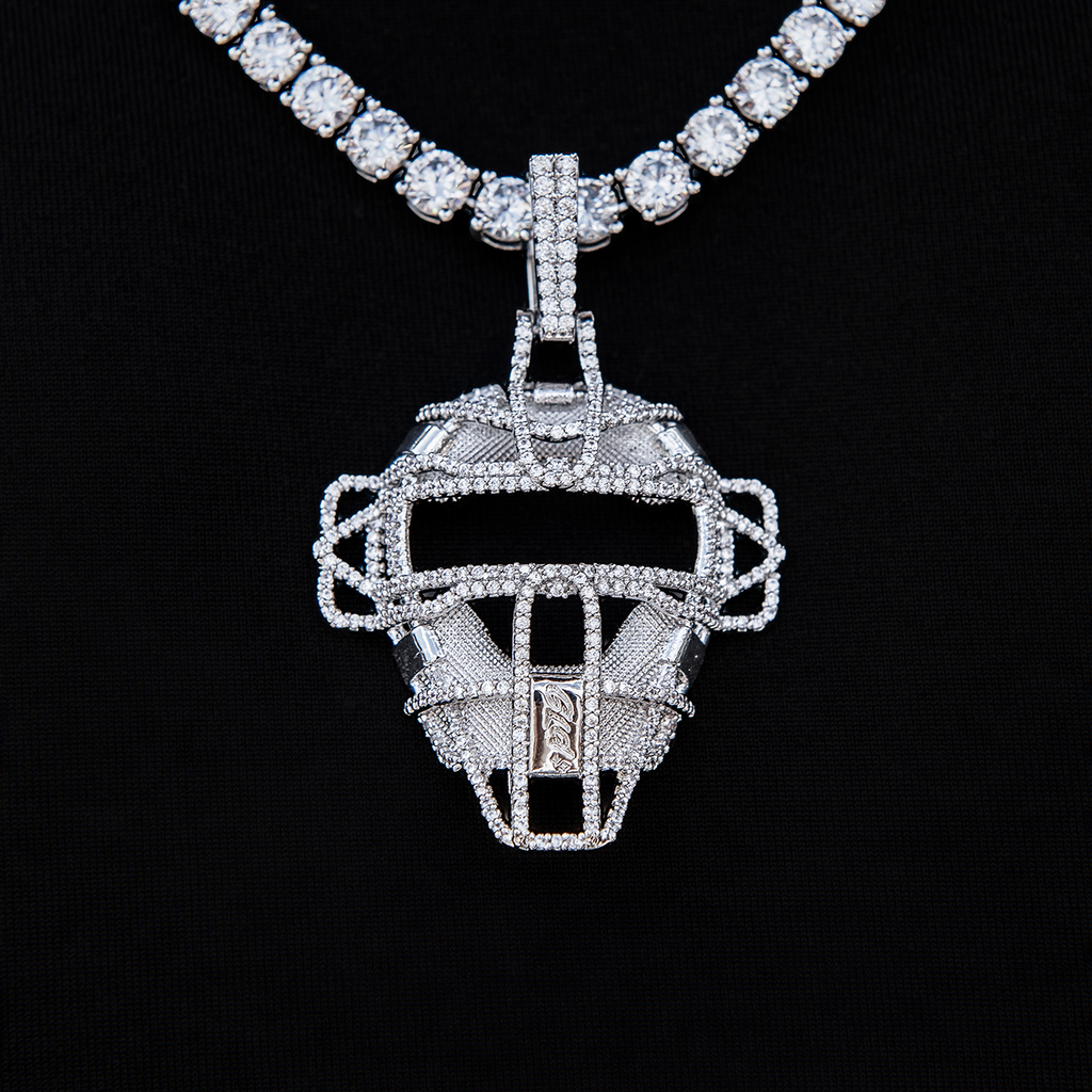 Iced Catchers Mask Baseball Pendant in White Gold
