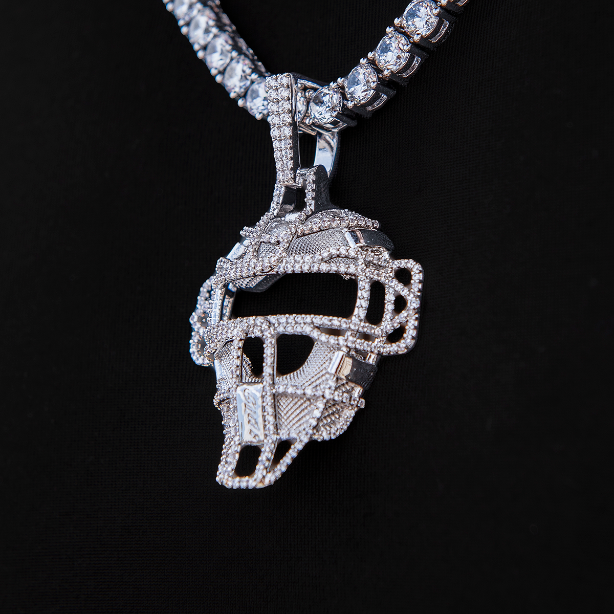 Iced Catchers Mask Baseball Pendant in White Gold