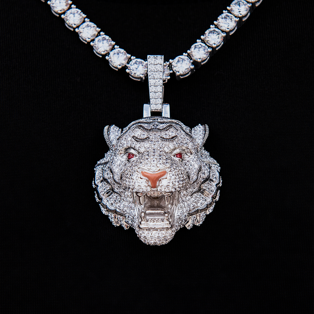 Iced Tiger Pendant in White Gold