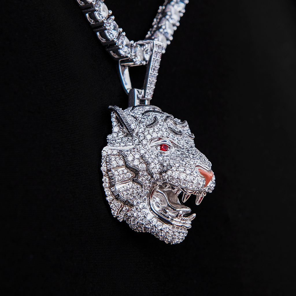 Iced Tiger Pendant in White Gold