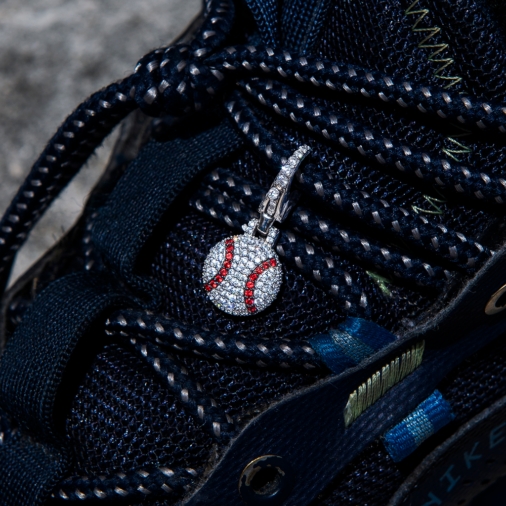 Iced Baseball Clip On Pendant - White Gold