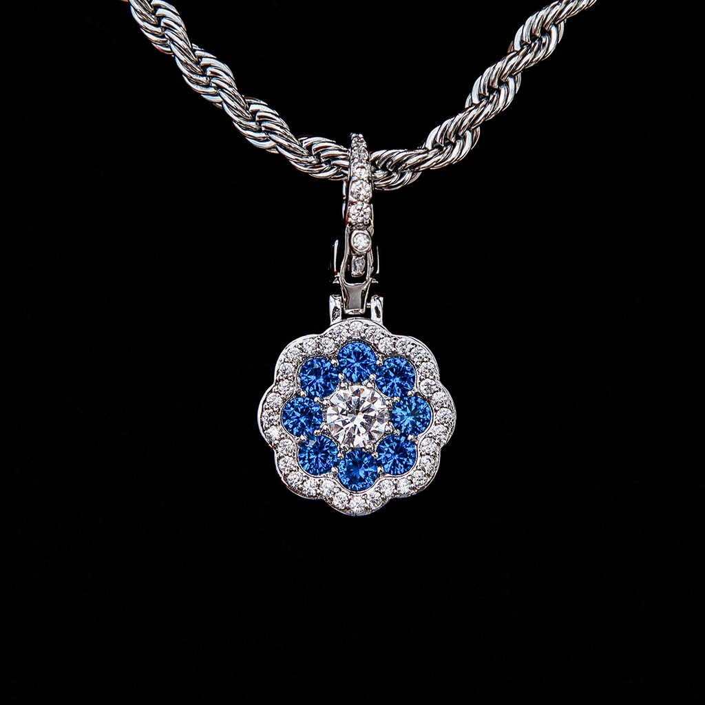 Blue Flower Clip On Pendant - White Gold