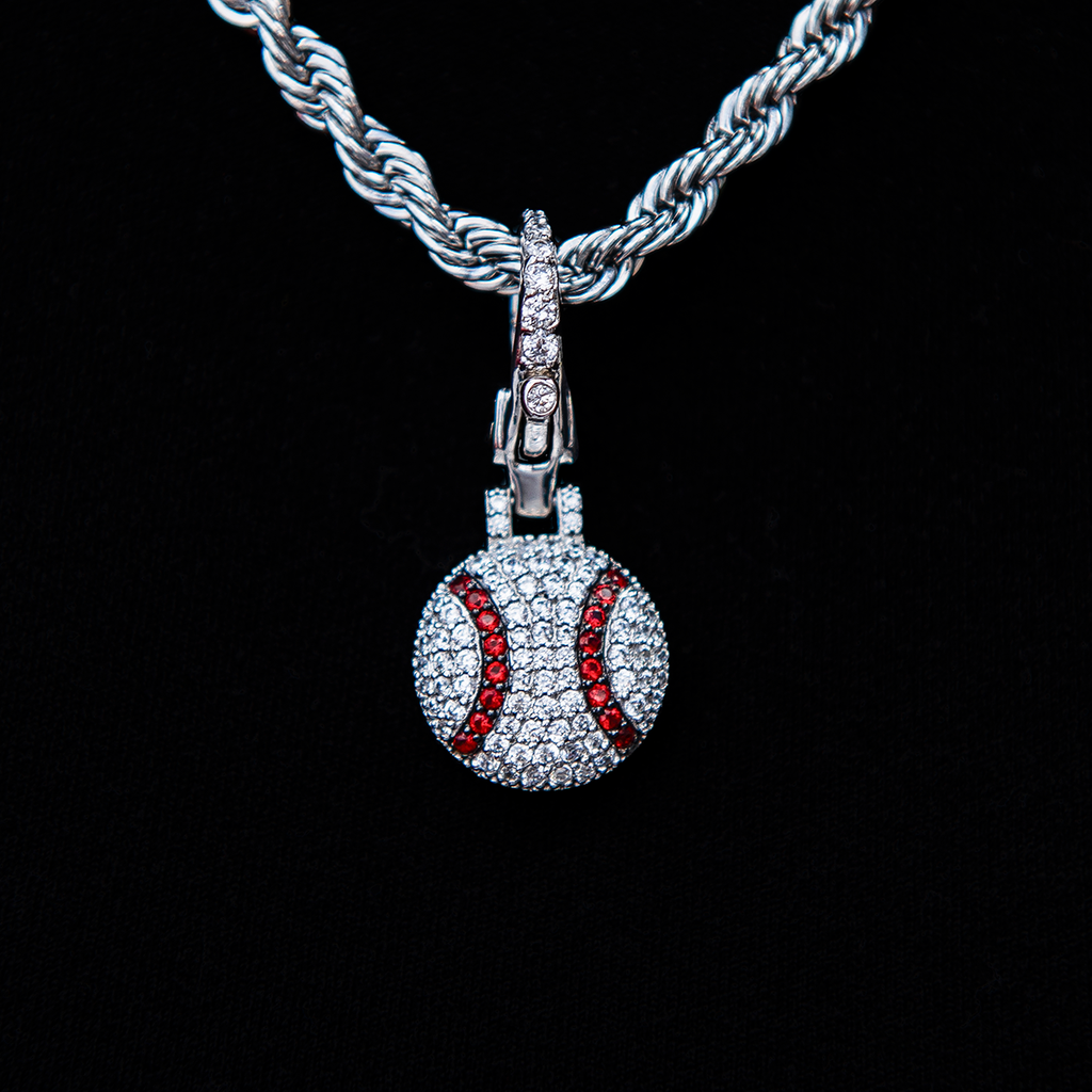Iced Baseball Clip On Pendant in White Gold