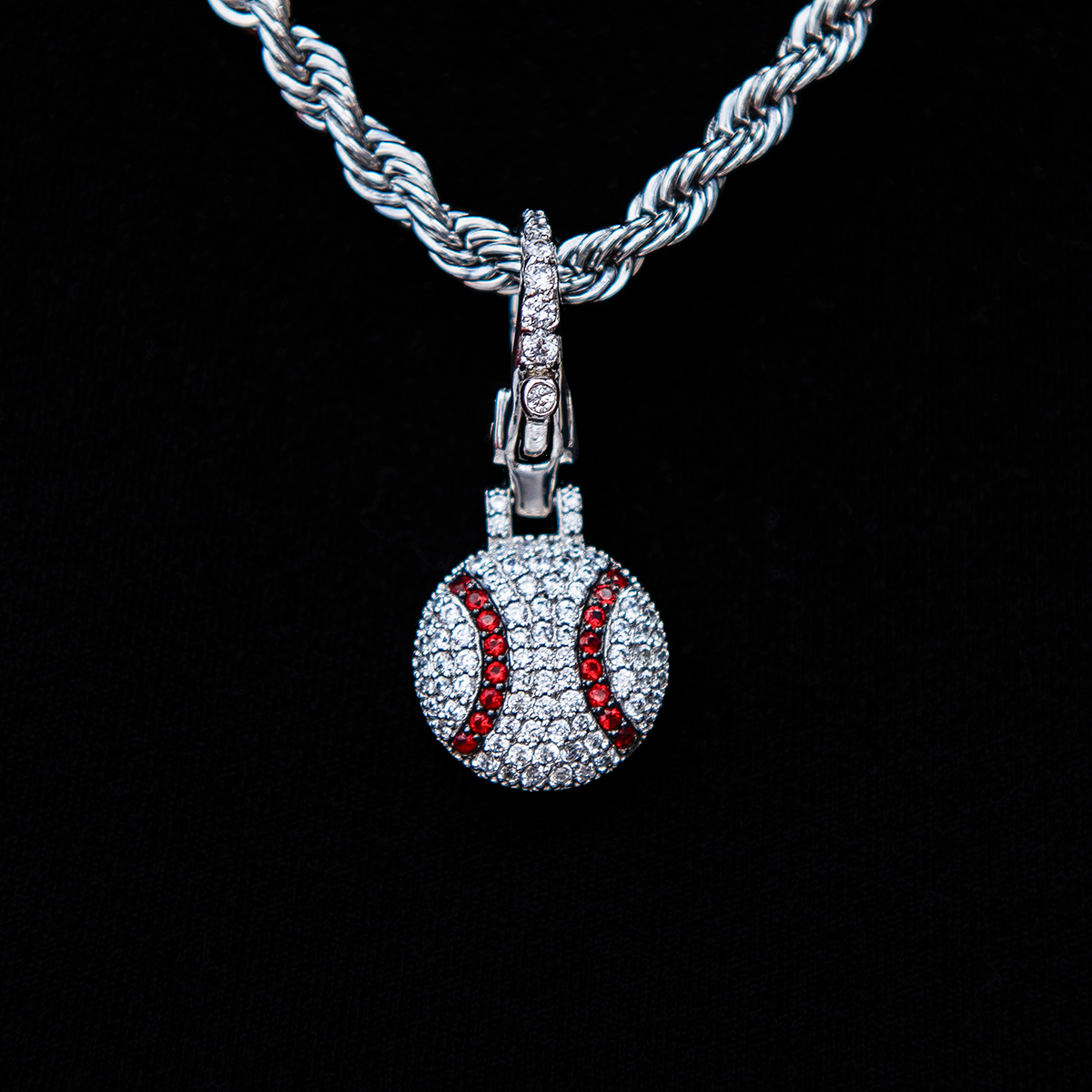 Iced Baseball Clip On Pendant in White Gold