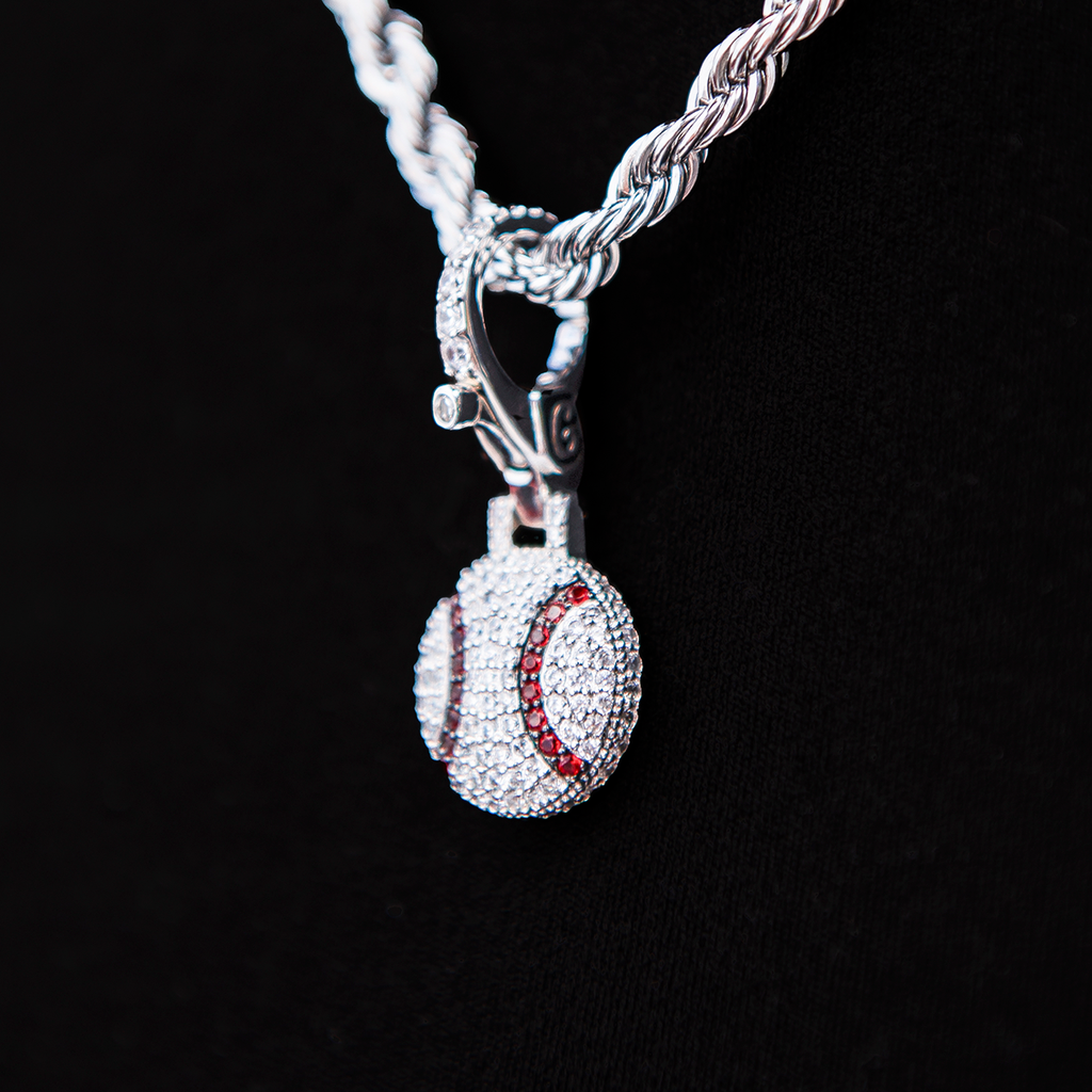 Iced Baseball Clip On Pendant in White Gold