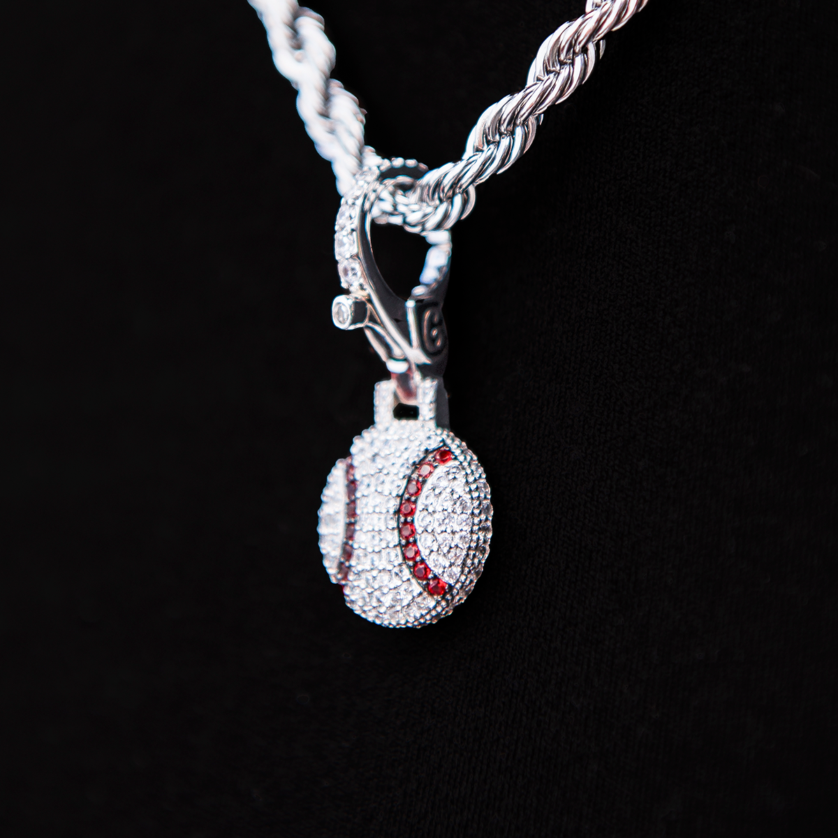 Iced Baseball Clip On Pendant in White Gold