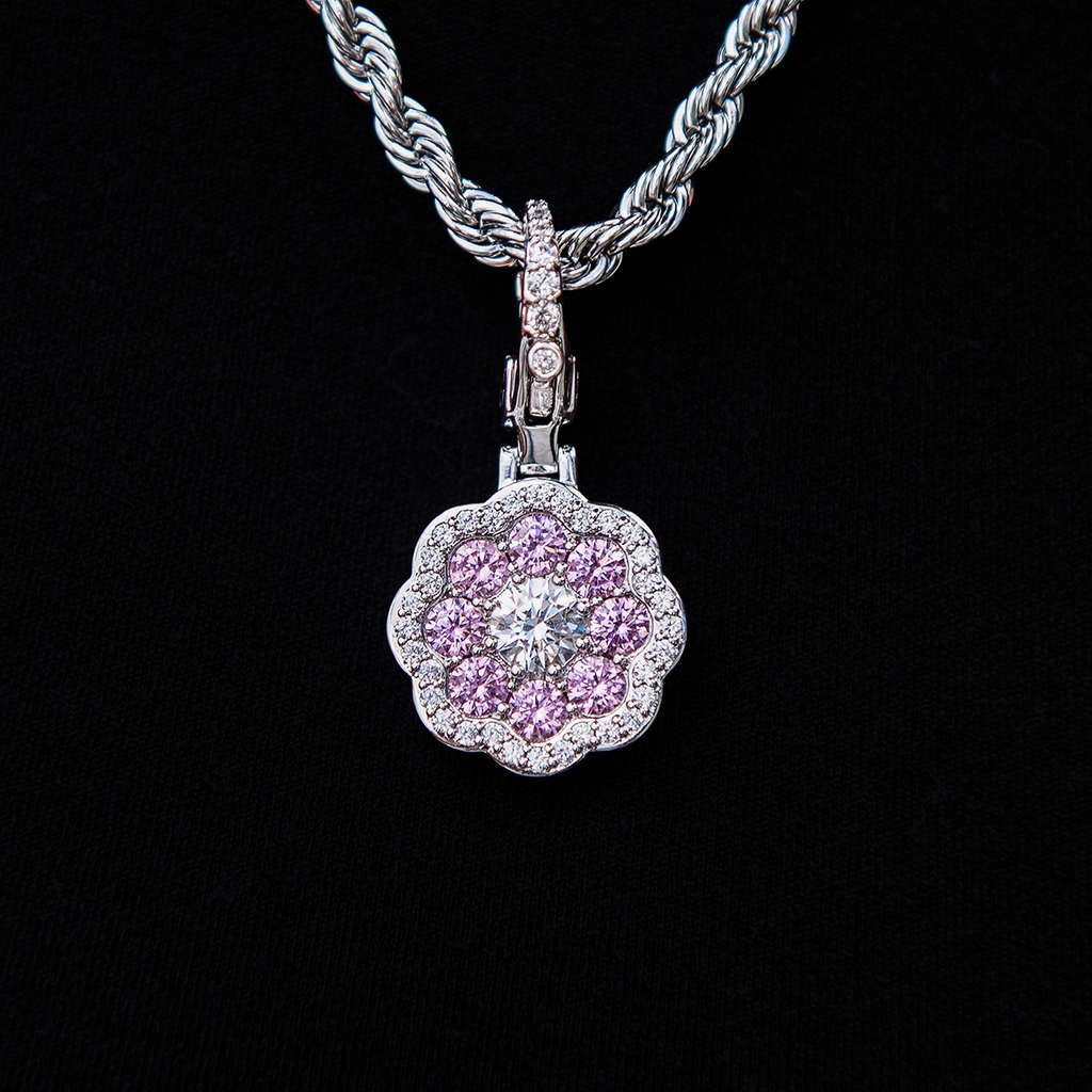 Pink Flower Stone Clip On Pendant - White Gold