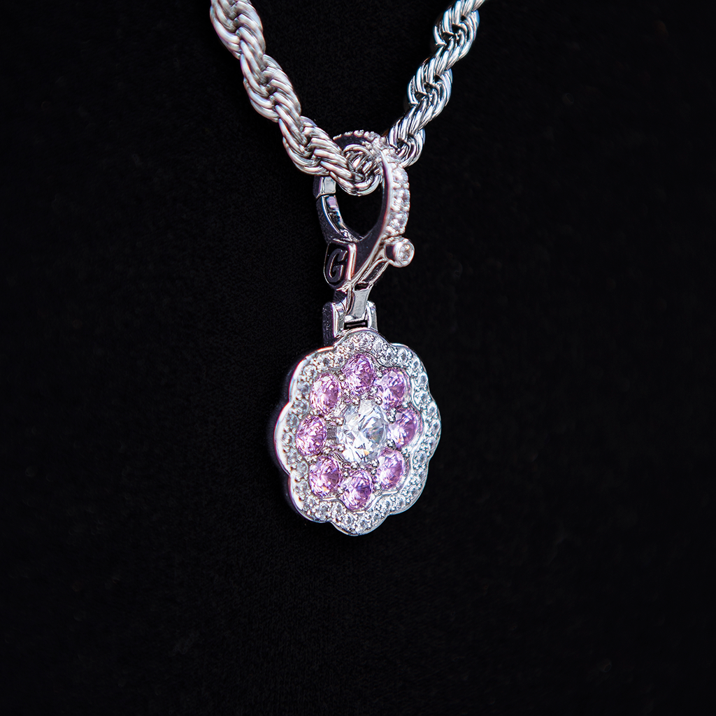 Pink Flower Stone Clip On Pendant - White Gold