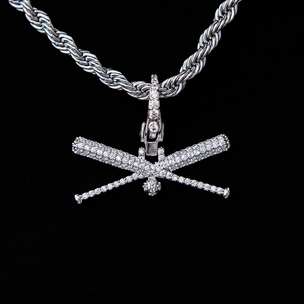 Iced Baseball Bat Clip On Pendant in White Gold