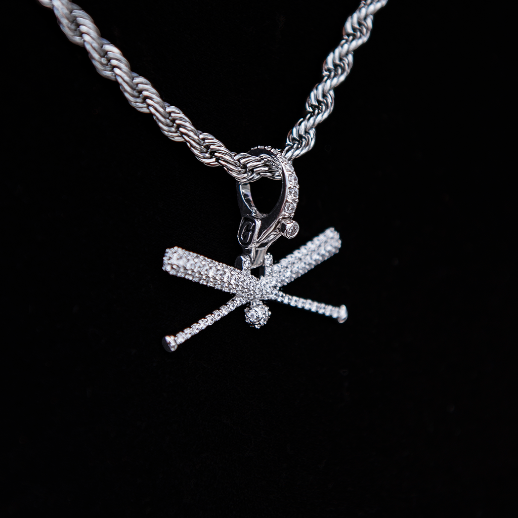 Iced Baseball Bat Clip On Pendant in White Gold