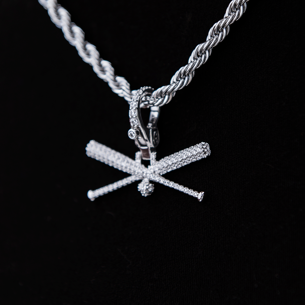 Iced Baseball Bat Clip On Pendant - White Gold