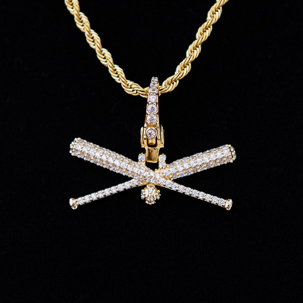 Iced Baseball Bat Clip On Pendant in Yellow Gold