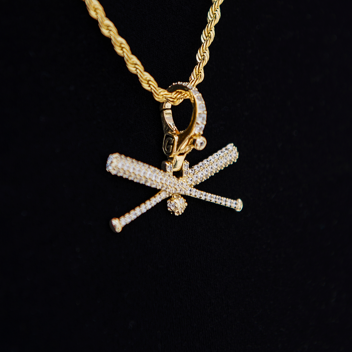 Iced Baseball Bat Clip On Pendant - Yellow Gold