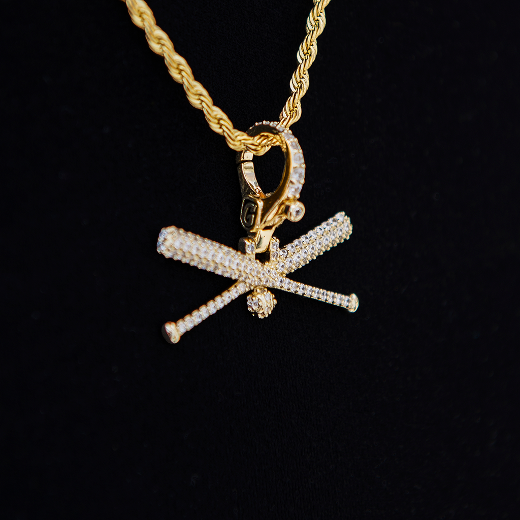 Iced Baseball Bat Clip On Pendant in Yellow Gold