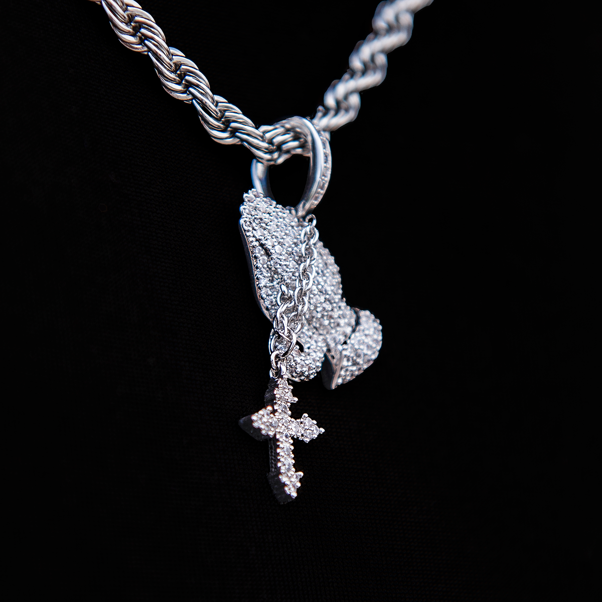 Micro Iced Praying Hands with Cross Pendant in White Gold