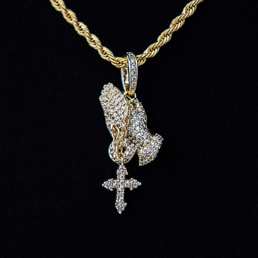 Micro Iced Praying Hands with Cross Pendant in Yellow Gold