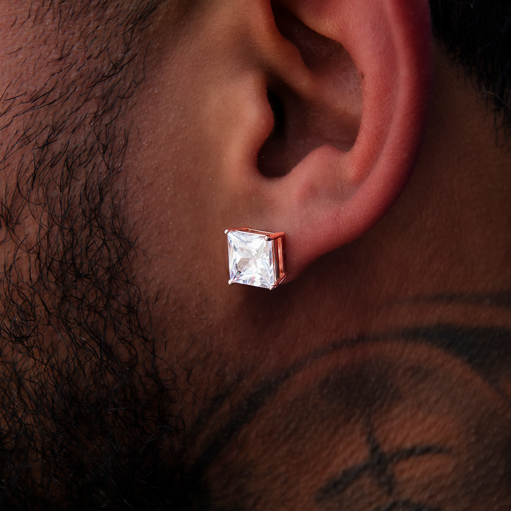 8MM Square Cut Diamond Stud Earrings - Rose Gold
