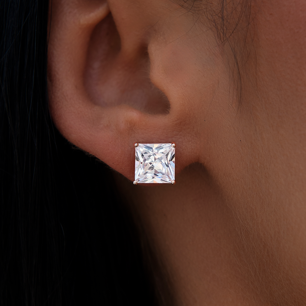 8MM Square Cut Diamond Stud Earrings - Rose Gold
