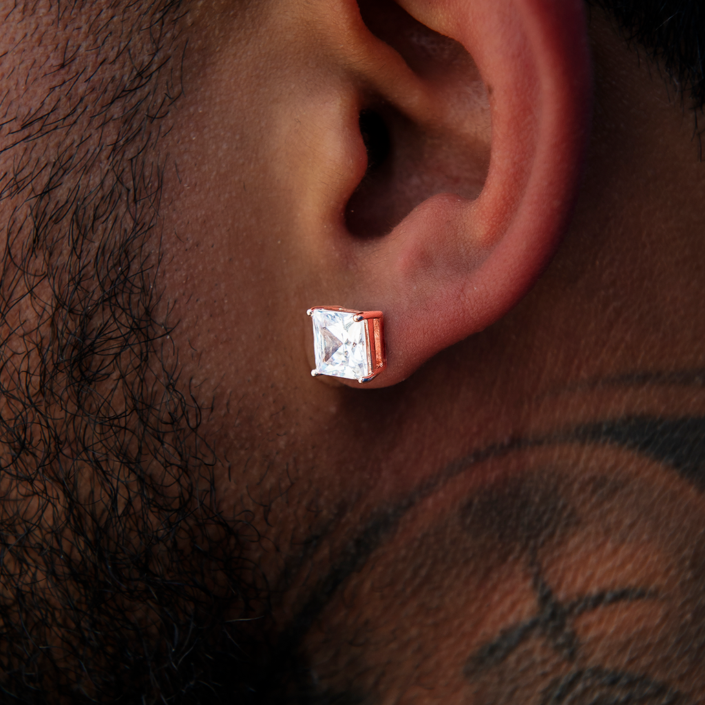 7MM Square Cut Diamond Stud Earrings - Rose Gold