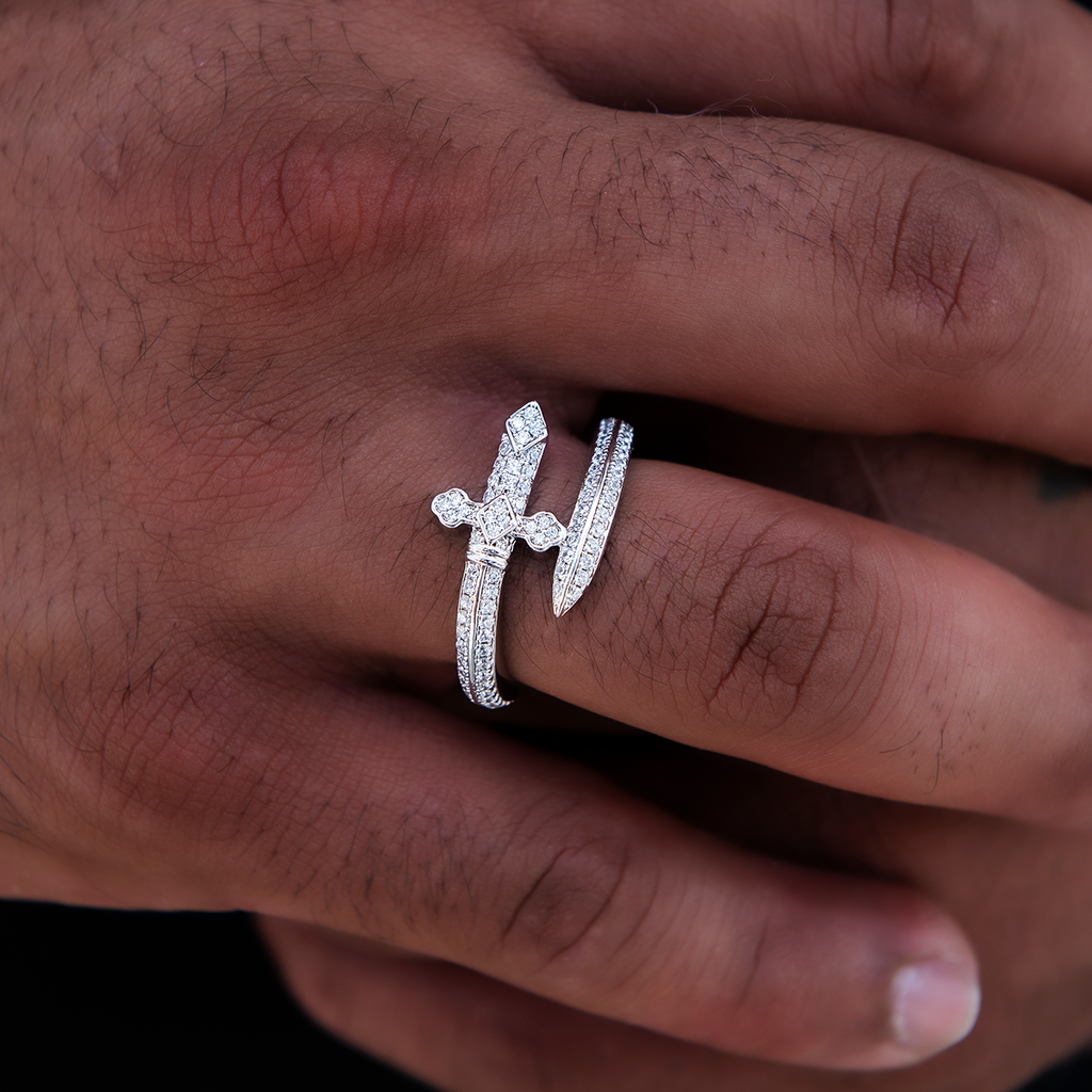 Diamond Sword Ring in White Gold Vermeil