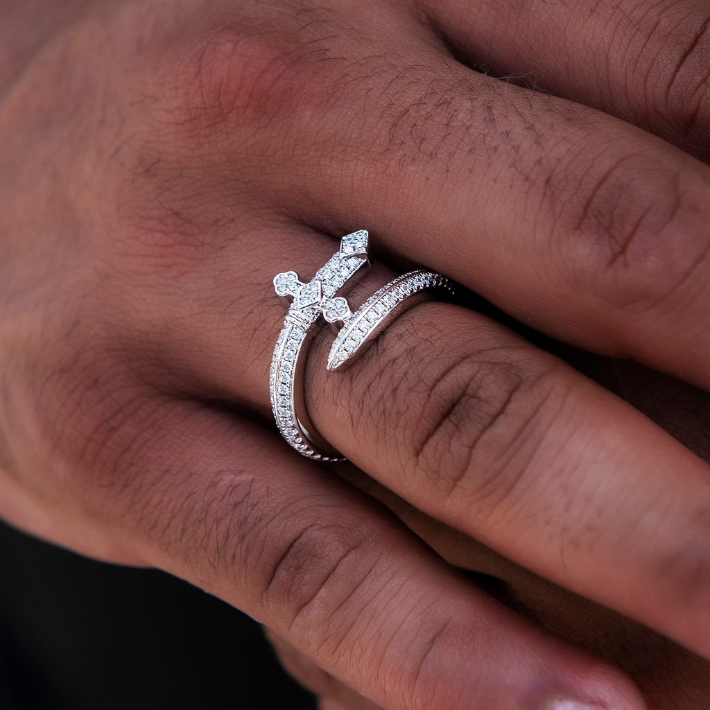 Diamond Sword Ring in White Gold Vermeil