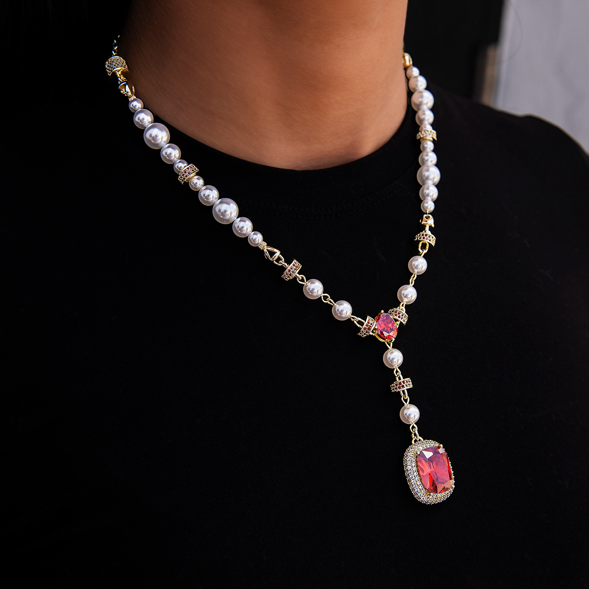 Pearl Ruby Gemstone Lariat Necklace in Yellow Gold