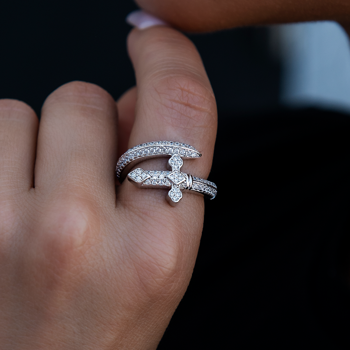 Diamond Sword Ring in White Gold Vermeil