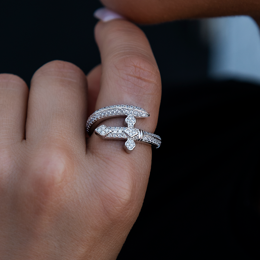 Diamond Sword Ring in White Gold Vermeil