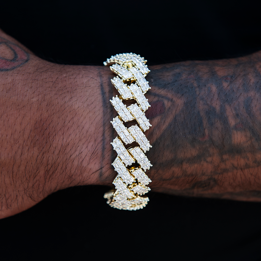 19MM Prong Baguette Cuban Bracelet - Yellow Gold