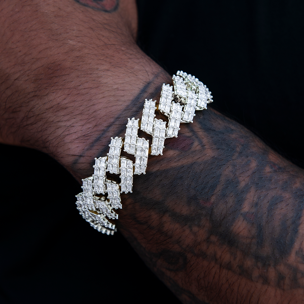 19MM Prong Baguette Cuban Bracelet in White Gold