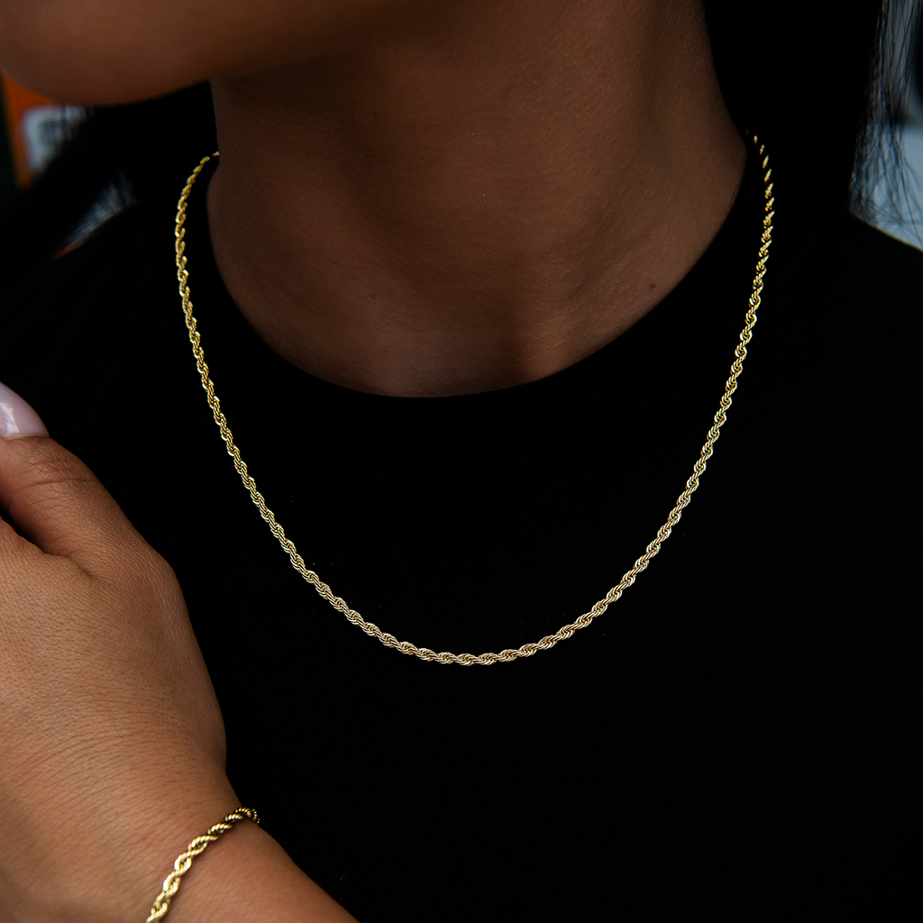 2mm Rope Necklace + Bracelet + 5mm Round Cut Stud Earring Bundle in Yellow Gold