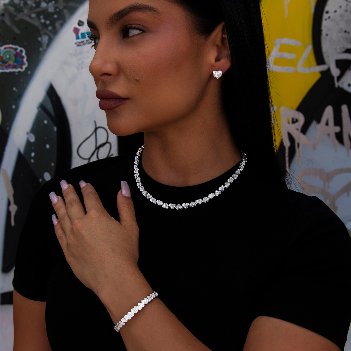 Eternity Heart Necklace + Cuff Bracelet + Heart Pave Stud Earrings in White Gold