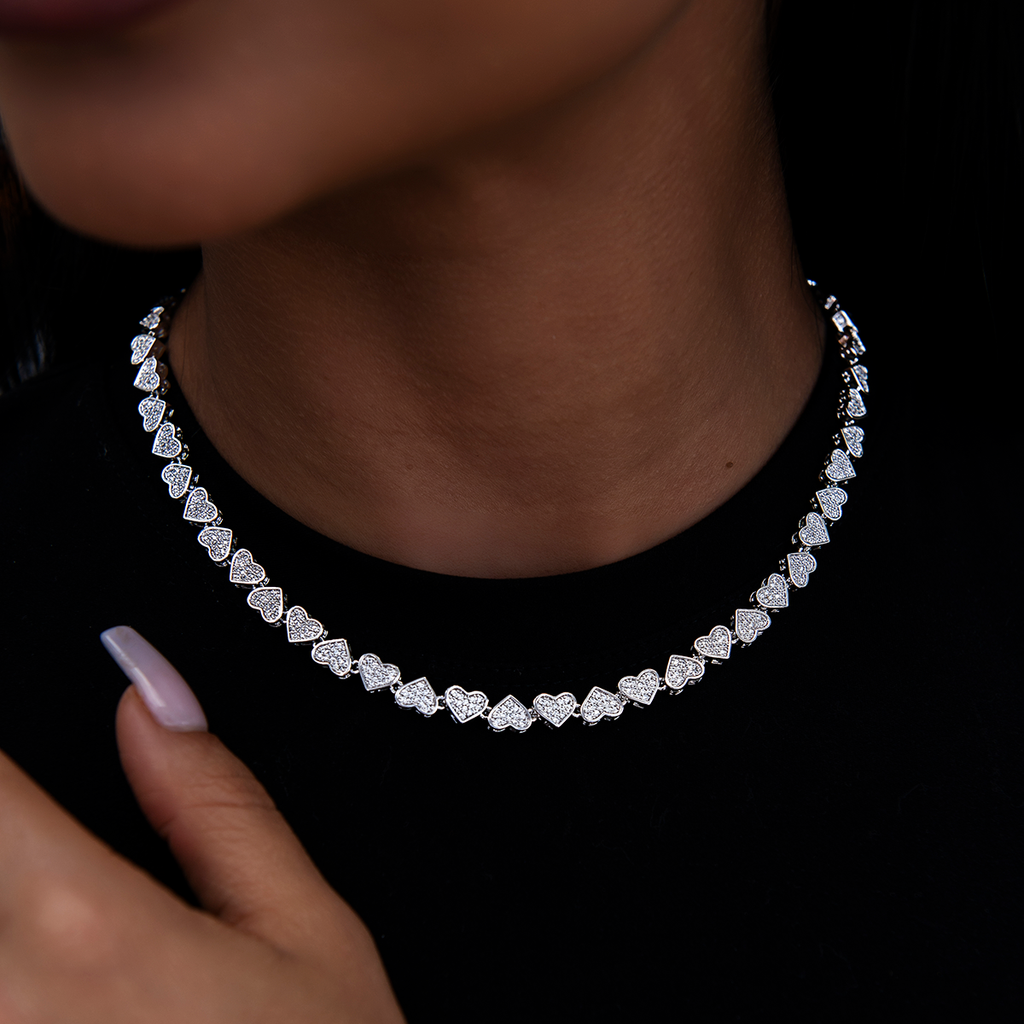 Eternity Heart Necklace + Cuff Bracelet + Heart Pave Stud Earrings in White Gold