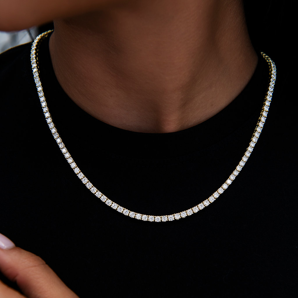 3mm Diamond Tennis Necklace + Bracelet + 5mm Round Cut Stud Earring Bundle in Yellow Gold