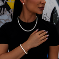 5mm Diamond Tennis Necklace + Bracelet + 8mm Round Cut Stud Earring Bundle in Yellow Gold