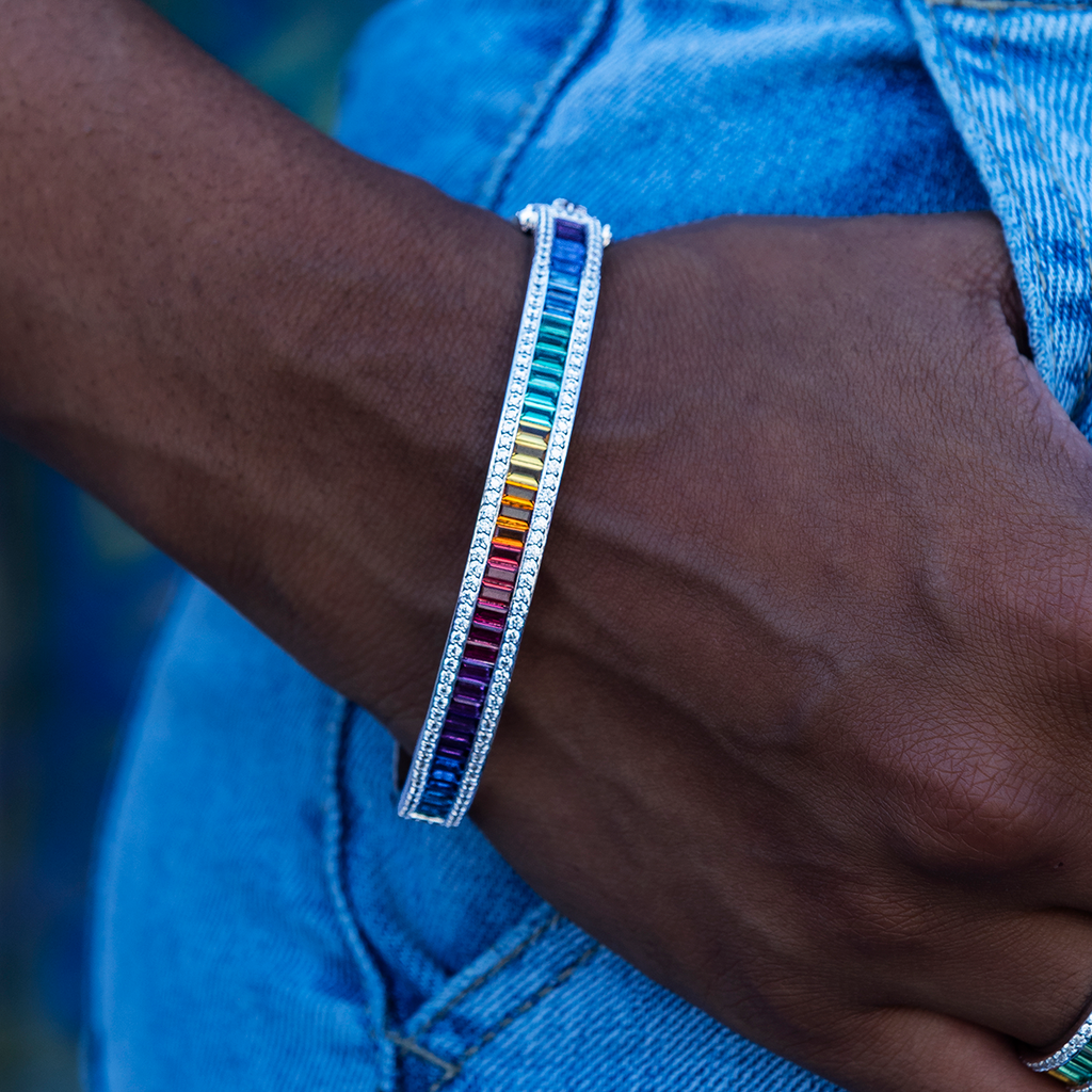 Iced Rainbow Bangle in White Gold