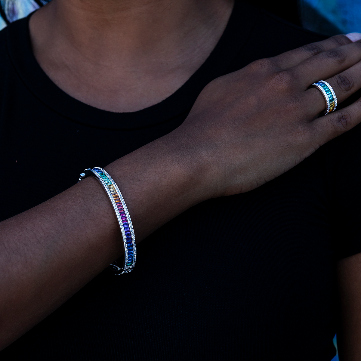 Iced Rainbow Baguette Bangle + Iced Rainbow Baguette Ring in White Gold