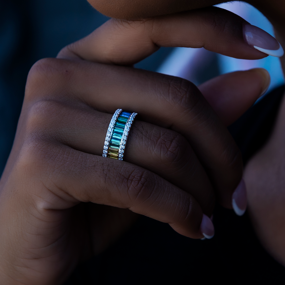 Iced Rainbow Baguette Bangle + Iced Rainbow Baguette Ring in White Gold